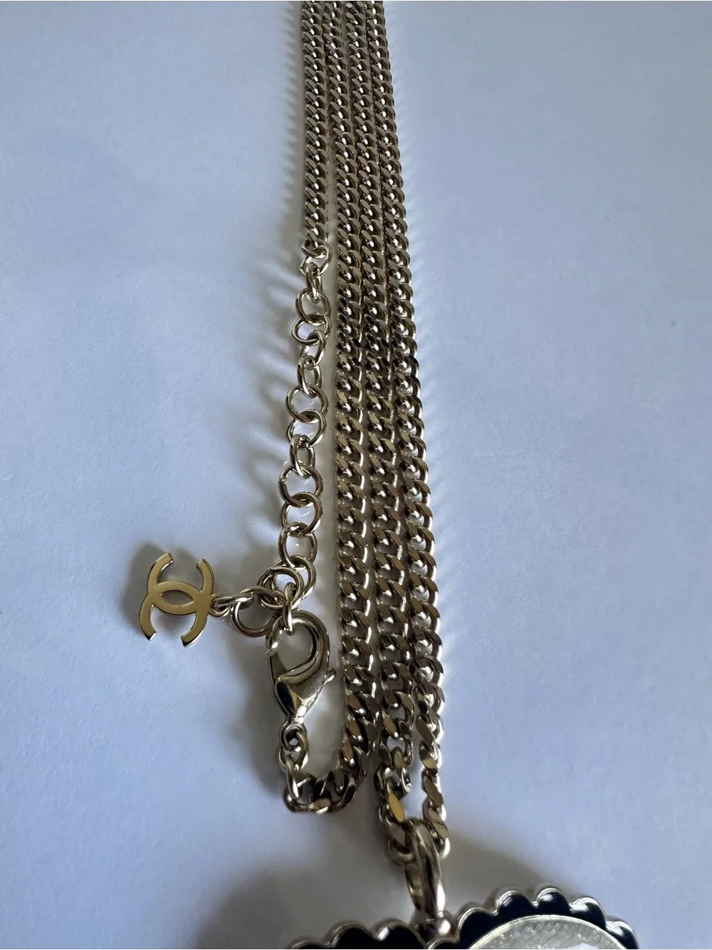 CHANEL 24B Oversized CC Glitter Enamel Pendant Chain Necklace Gold Tone Black